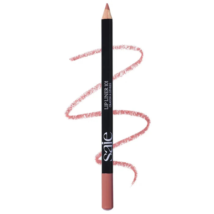 Saie Lip Liner 101 in a creamy, nourishing shade, displayed in a sleek pencil with a sharp tip, on a neutral background.