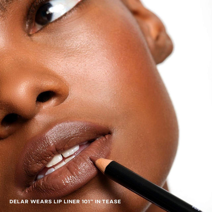 Saie Lip Liner 101 creamy and nourishing lip pencil in various shades, displayed with the product packaging and swatches.
