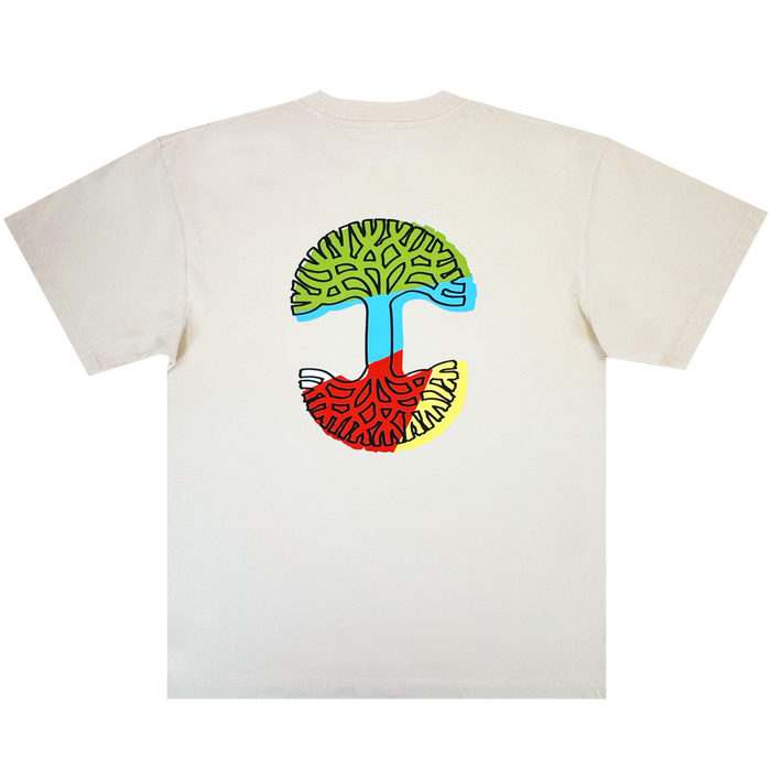 The Oaklandish Scrawl Tee is a beige men's classic fit t-shirt made from heavy-weight cotton, featuring a large, colorful stylized tree graphic inside a circle on the back for an eye-catching look.