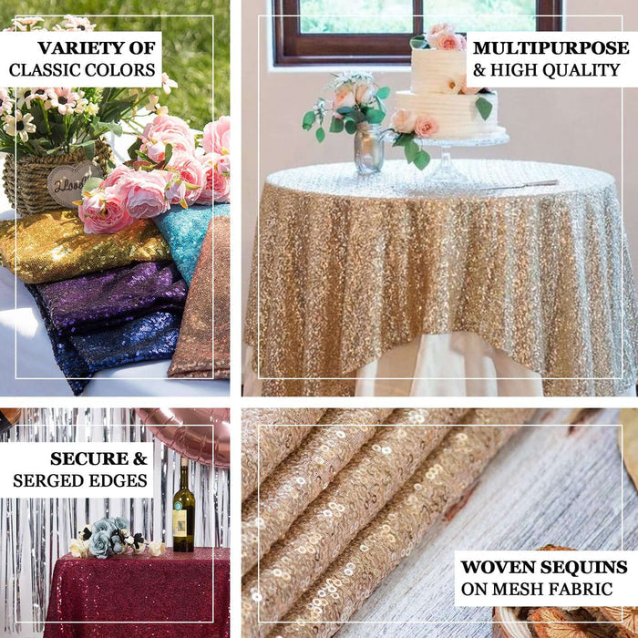 Variety of sequin tablecloths in classic colors for multipurpose use.