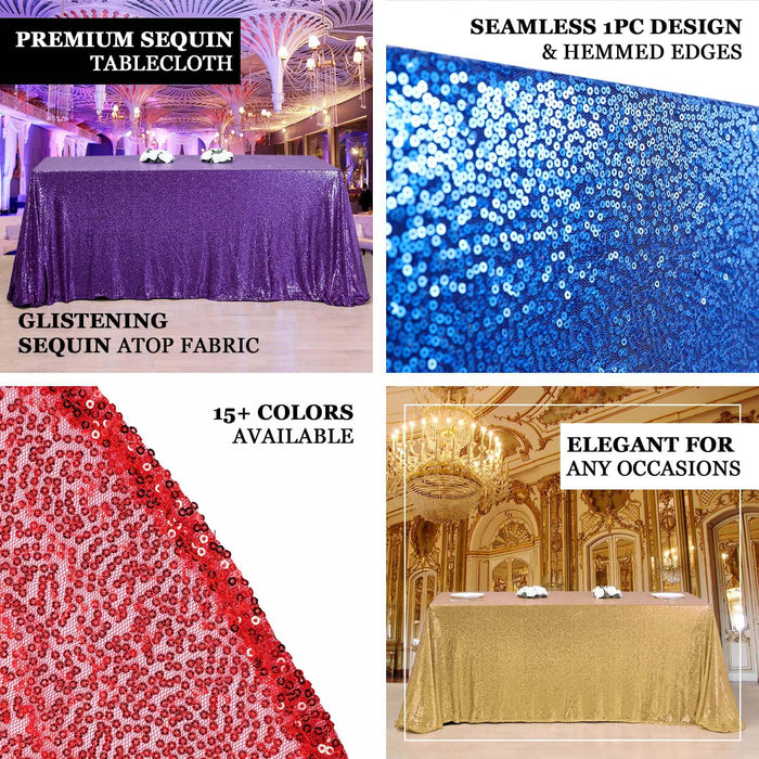 Premium sequin tablecloth in various colors with seamless design and hemmed edges.