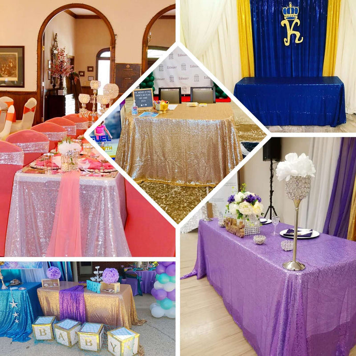 Colorful sequin table covers for various event setups and decorations.
