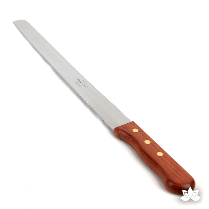 Serrated Cake Knife 14" stainless steel used for cutting layers in your larger cakes when cake decorating.  A cake decorator's must have in the bakery or kitchen.