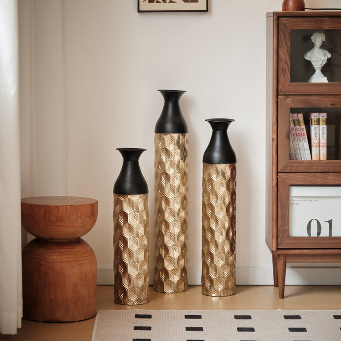 Set of 3 Tall Metal Floor Vases for Salon and Spa Decor