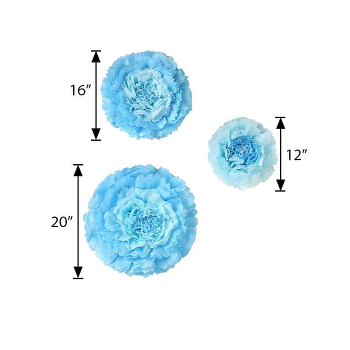 Blue decorative flowers in three sizes: 20", 16", and 12"