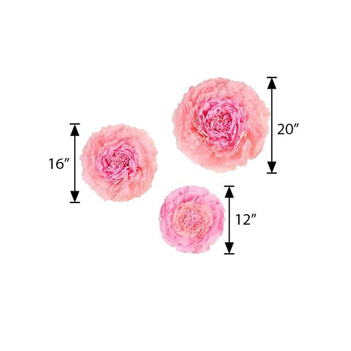 Pink peony flowers in three sizes: 12", 16", and 20"