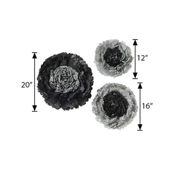 Three decorative flowers in black and gray, measuring 12" and 20".