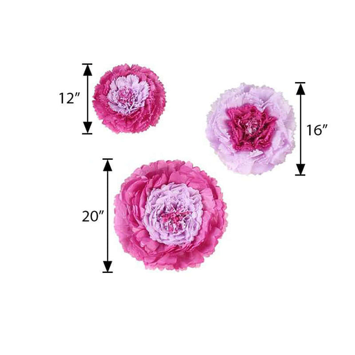 Colorful paper flowers in pink and purple, sizes 12", 16", and 20".