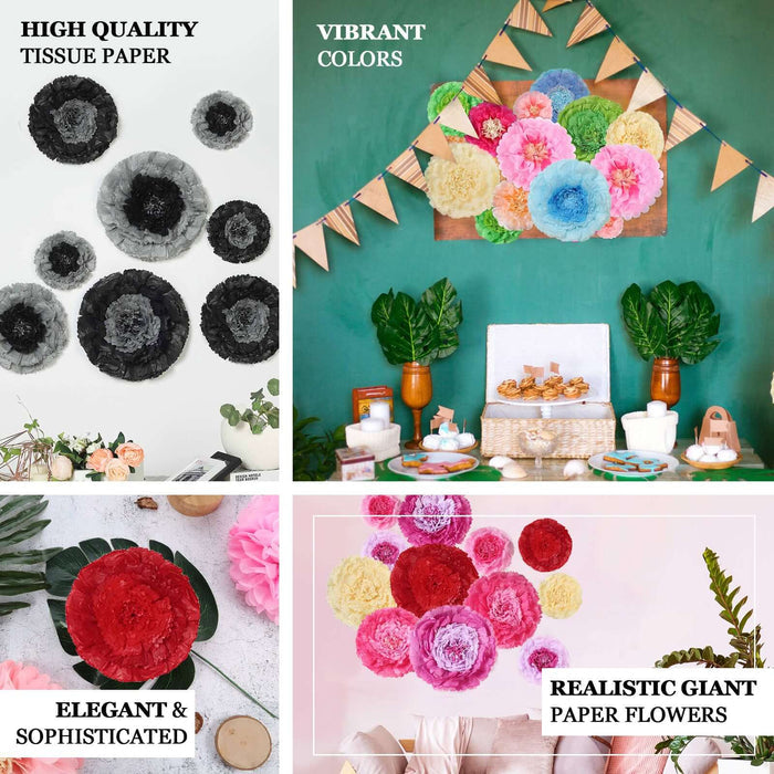 Vibrant giant paper flowers in various colors for elegant decor ideas.