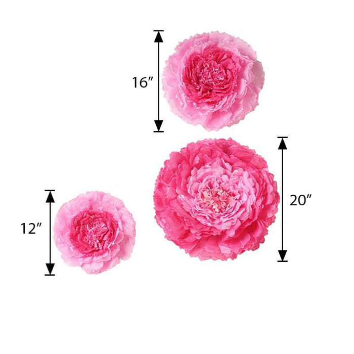 Pink artificial flowers in three sizes: 12", 16", and 20".