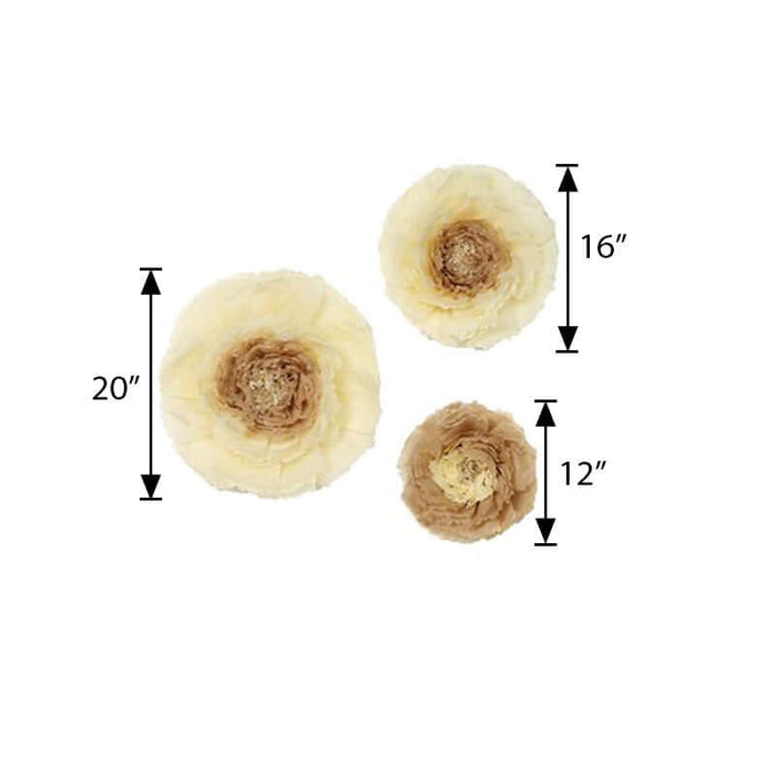 Set of three decorative fabric flowers in neutral tones, varying sizes.