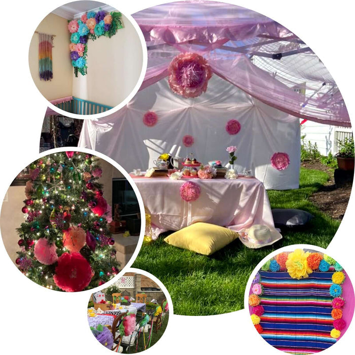Colorful floral decorations at a festive outdoor event with a decorated table and seating.
