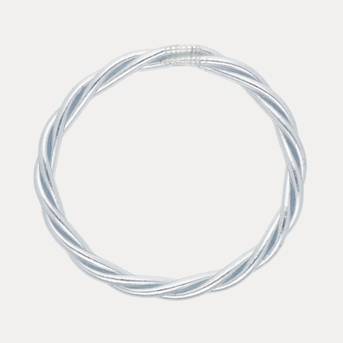 A twisted cable-style silver bangle bracelet on a light gray background.