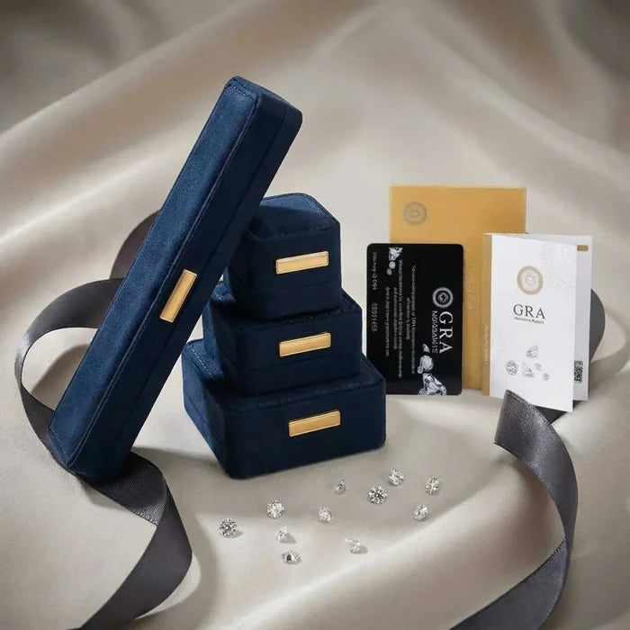 Skyline Light Blue Moissanite Ring packaging with navy velvet boxes, certificates and loose clear stones