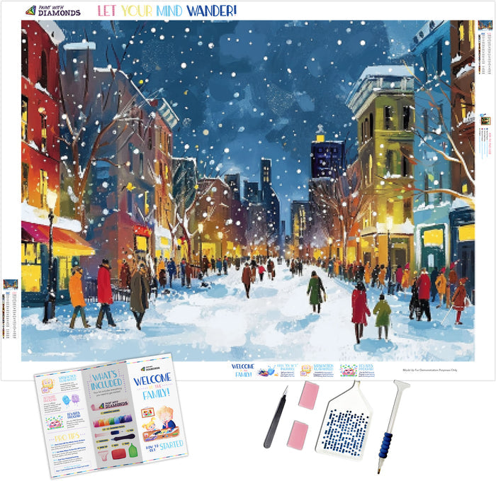 Snowy Cityscape at Night