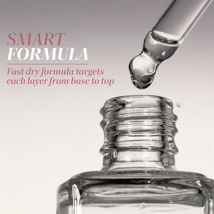 A dropper releases liquid into an open glass bottle. Text reads: "LONDONTOWN S.O.S. Salon Staples—smart formula for a fast-drying mani that treats every layer from base coat to top.