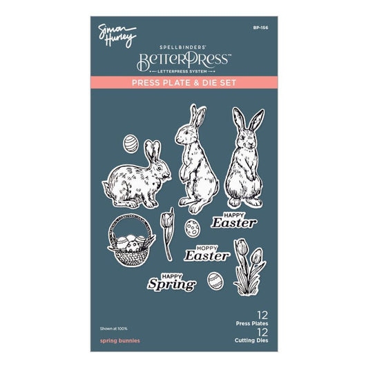 Spellbinders - Press Plate &amp; Die By Simon Hurley - Spring Bunnies - Spring Sampler. Spring Bunnies Press Plate &amp; Die Set is part of the Spring Sampler Collection by Simon Hurley. Available at Embellish Away located in Bowmanville Ontario Canada.