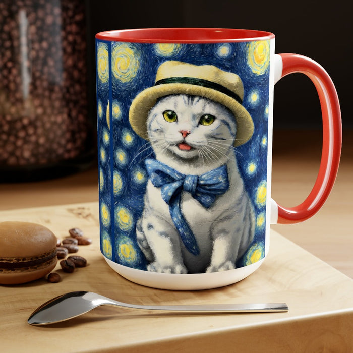 tarry Eye Cat Two-Tone Coffee Mugs, 15oz red handle