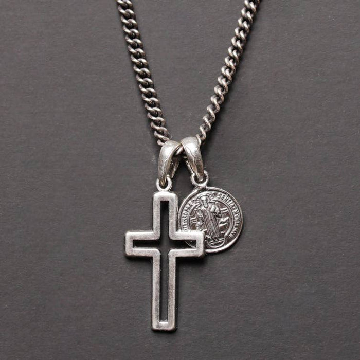 STERLING SILVER CROSS + SAINT BENEDICT MEDAL FOR MEN