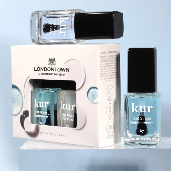Two bottles of LONDONTOWN nail products—Get Strong Nail Hardener and High Gloss Top Coat—are displayed in their Strength & Shine Duo packaging.