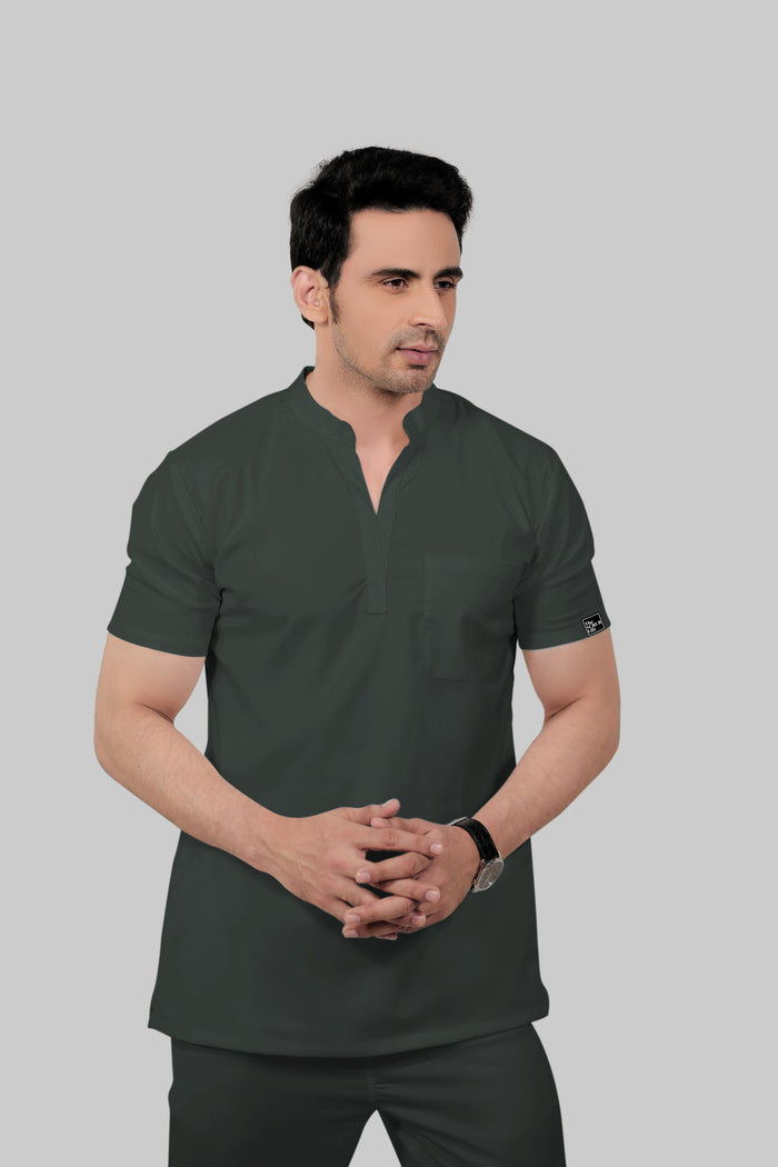 Stretchable (2Way) Men Bottle Green Mandarin Neck Scrub Top