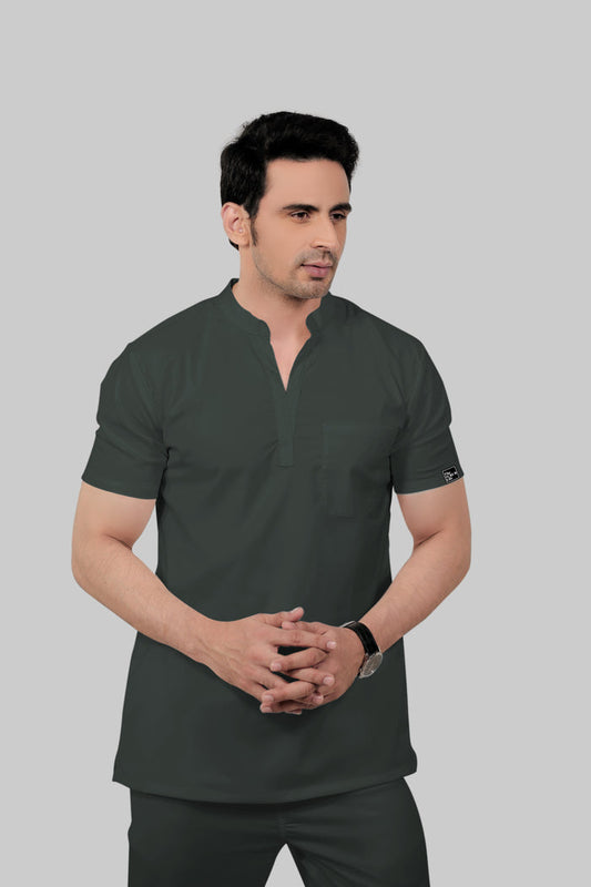 Stretchable (2Way) Men Bottle Green Mandarin Neck Scrub Top