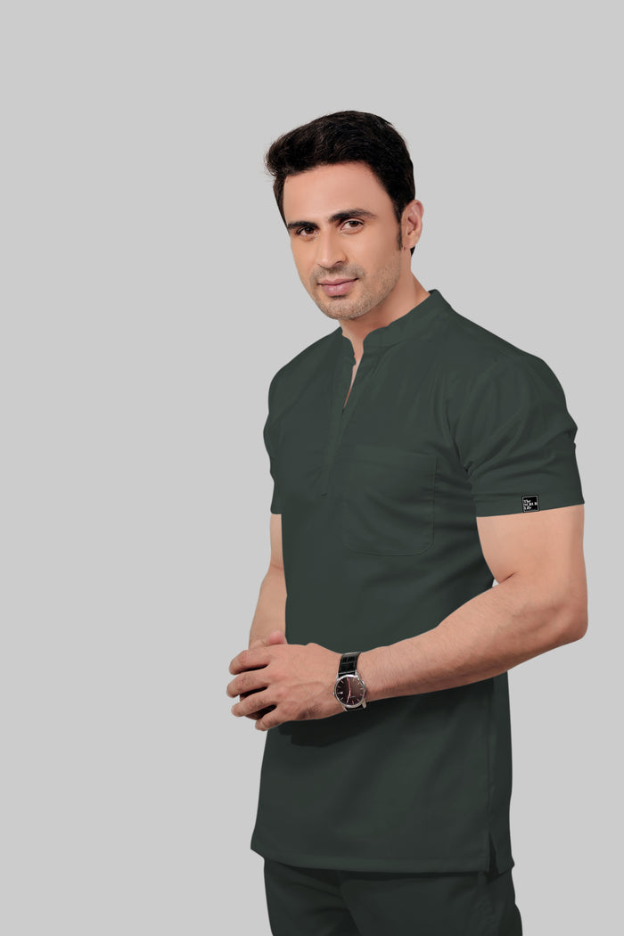 Stretchable (2Way) Men Bottle Green Mandarin Neck Scrub Top