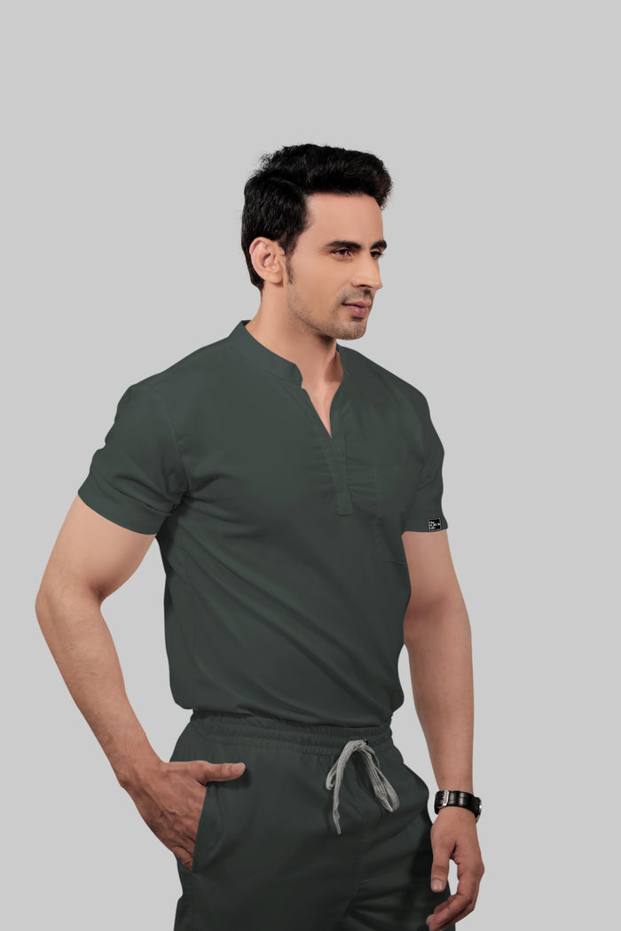 Stretchable (2Way) Men Bottle Green Mandarin Neck Scrub Top