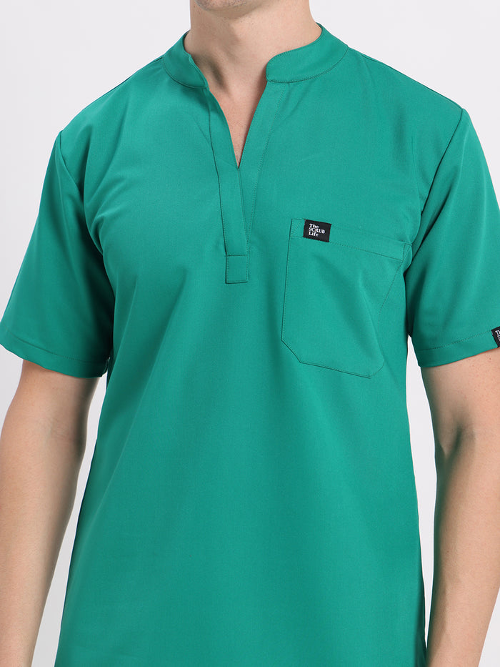 Stretchable (4Way) Men Mandarin Neck Sea Green Scrub Top