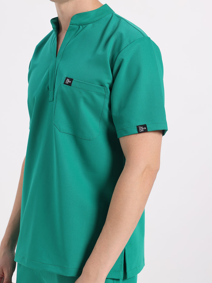 Stretchable (4Way) Men Mandarin Neck Sea Green Scrub Top
