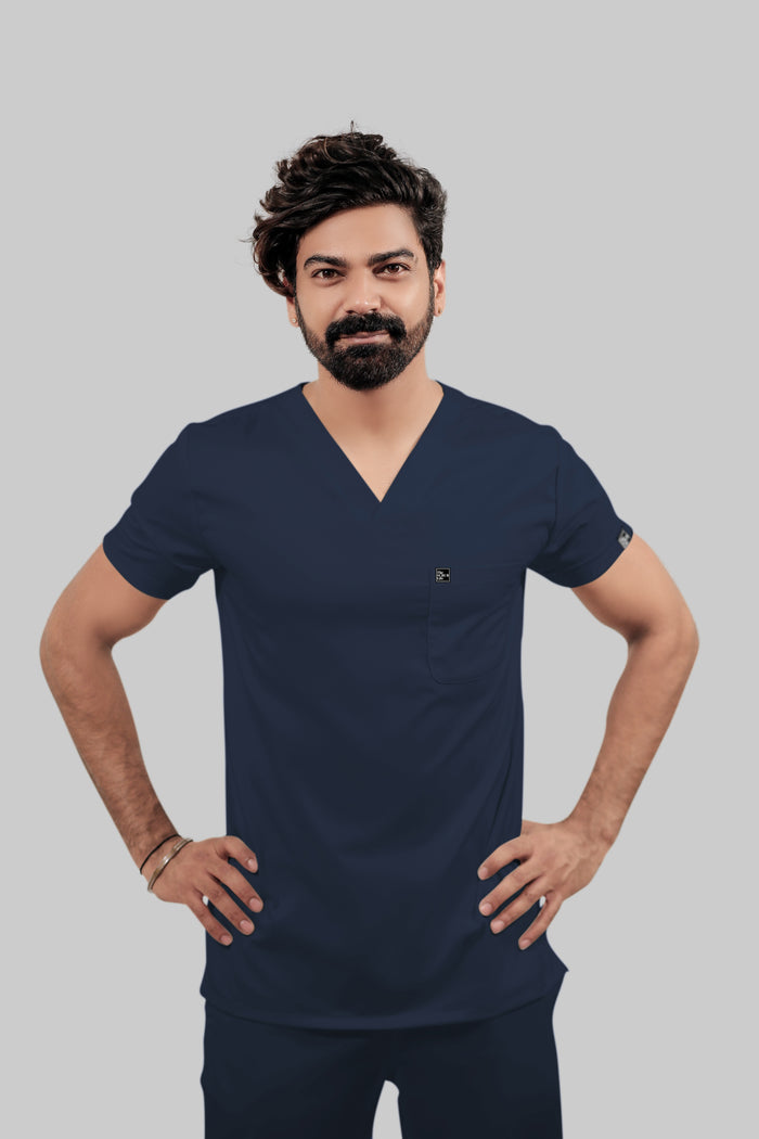 Stretchable (4Way) Men V-Neck Navy Blue Scrub Top