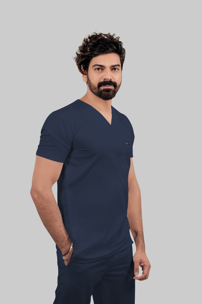 Stretchable (4Way) Men V-Neck Navy Blue Scrub Top