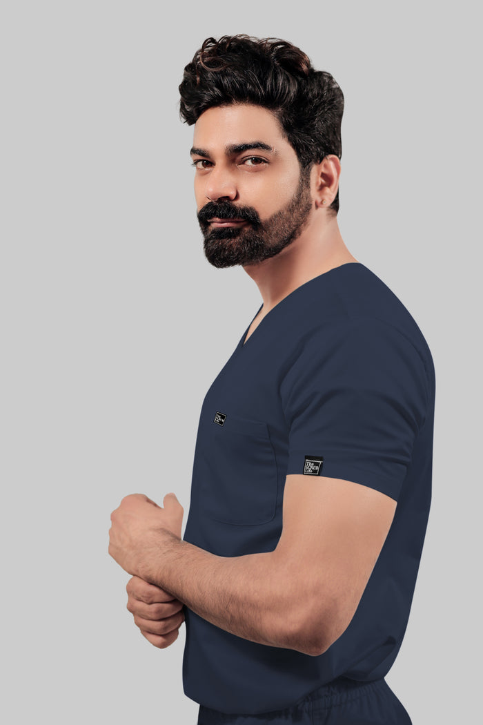 Stretchable (4Way) Men V-Neck Navy Blue Scrub Top