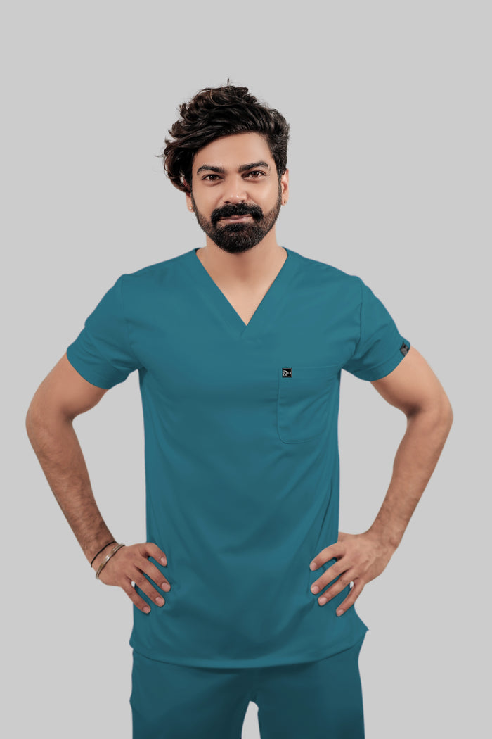 Stretchable (4Way) Men V-Neck Peacock Blue Scrub Top