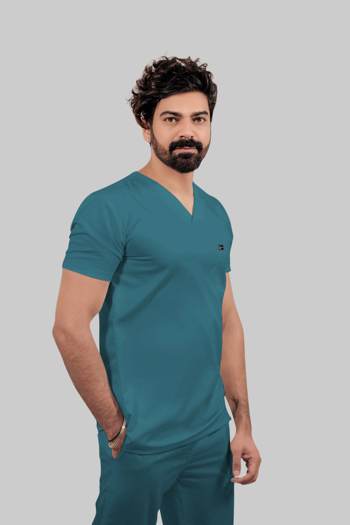 Stretchable (4Way) Men V-Neck Peacock Blue Scrub Top