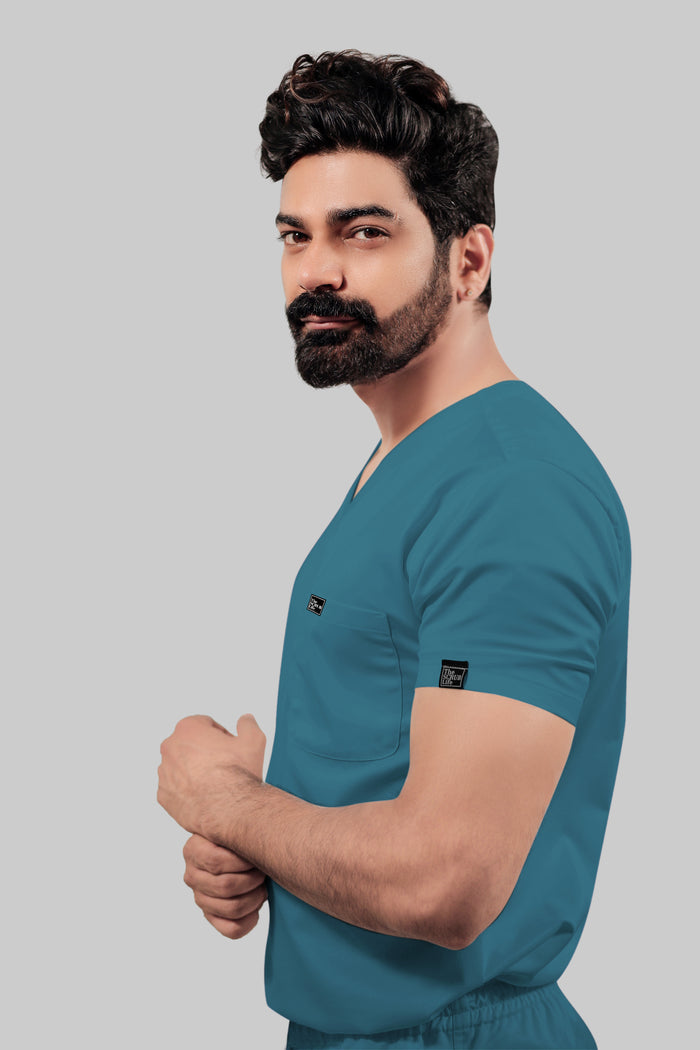 Stretchable (4Way) Men V-Neck Peacock Blue Scrub Top