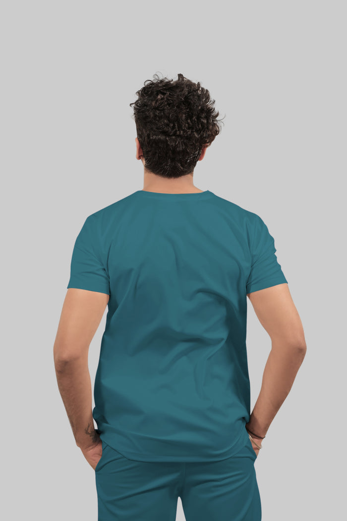Stretchable (4Way) Men V-Neck Peacock Blue Scrub Top