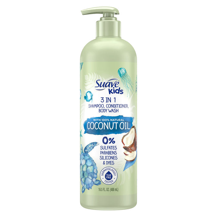 SUAVE KIDS 3 in 1 shampoo conditioner body wash with 100% coconut oil 0% sulfate parabens silicons & dyes منتج العناية بالطفل ٣ في واحد  بجوز الهند شامبو بلسم وغسول للجسم من سواف