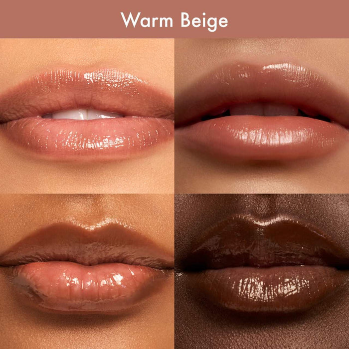 Close-up of Summer Fridays Dream Lip Oil in multiple shades showing glossy lips and the product packaging.
