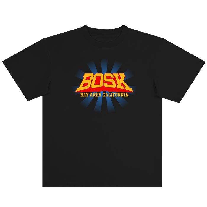 The Super Power Tee by Other is a classic fit, heavyweight cotton black t-shirt featuring bold, orange 3D “BOSK” lettering with a blue glow across the chest. Beneath it, yellow text reads “BAY AREA CALIFORNIA,” set against radiant blue light beams. The shirt is photographed laid flat on a white background.