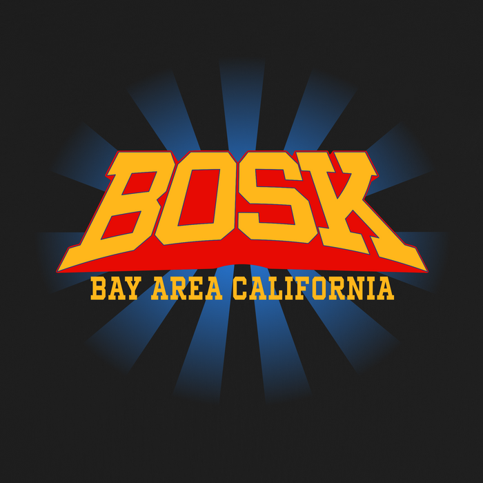 The Super Power Tee by Other showcases striking, stylized “BOSK” text in bold yellow and red above “BAY AREA CALIFORNIA” in yellow, all set against a classic black t-shirt backdrop. Blue radial rays emanate from behind the vibrant text, making the design pop on this classic fit t-shirt crafted from heavy-weight cotton for superior style and comfort.
