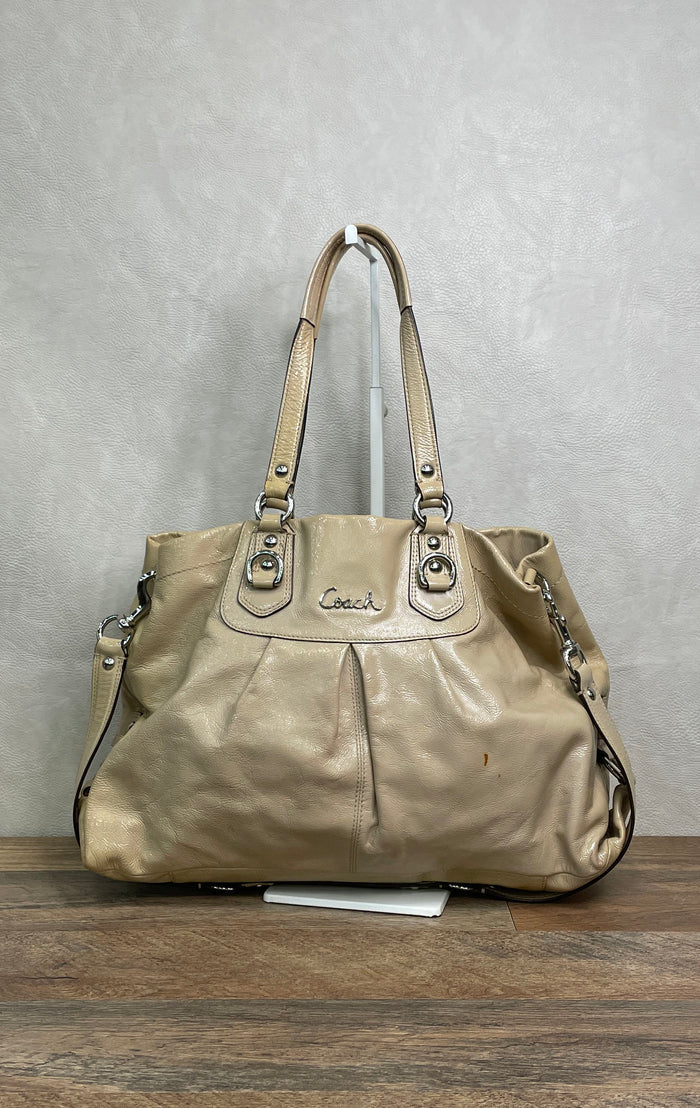 Coach Tan Leather Ashley Carryall Satchel Handbag Beige F15516 Silver HW