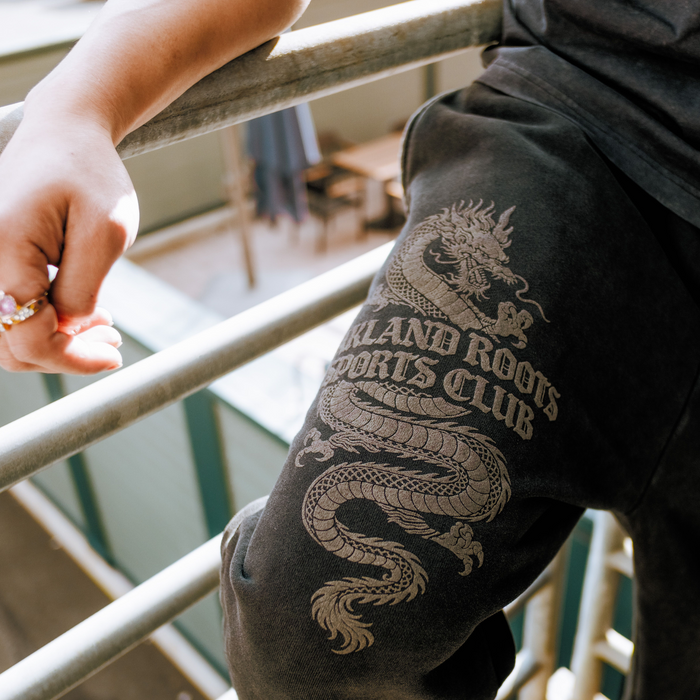 A person leans on a metal railing, wearing Oakland Roots SC Tatsu Pants featuring a large dragon graphic and “OAKLAND ROOTS SPORTS CLUB.” Sunlight highlights their arm and pants, with blurred patio furniture visible below.