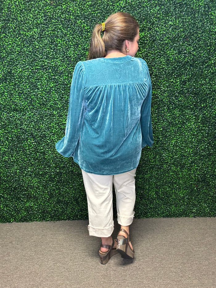 Teal Velvet Lace Trim Blouse by Easel