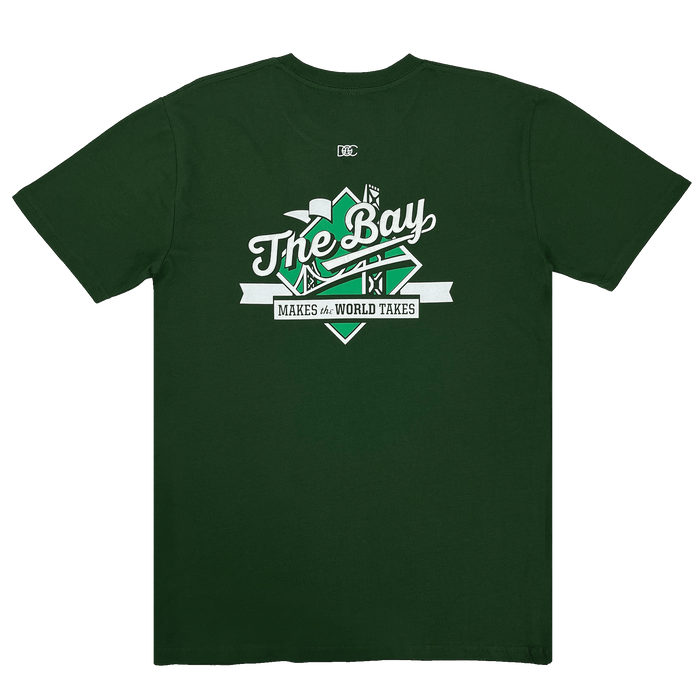 Backside view of a forest green t-shirt with white The Bay Makes The World Takes green and white logo graphic.