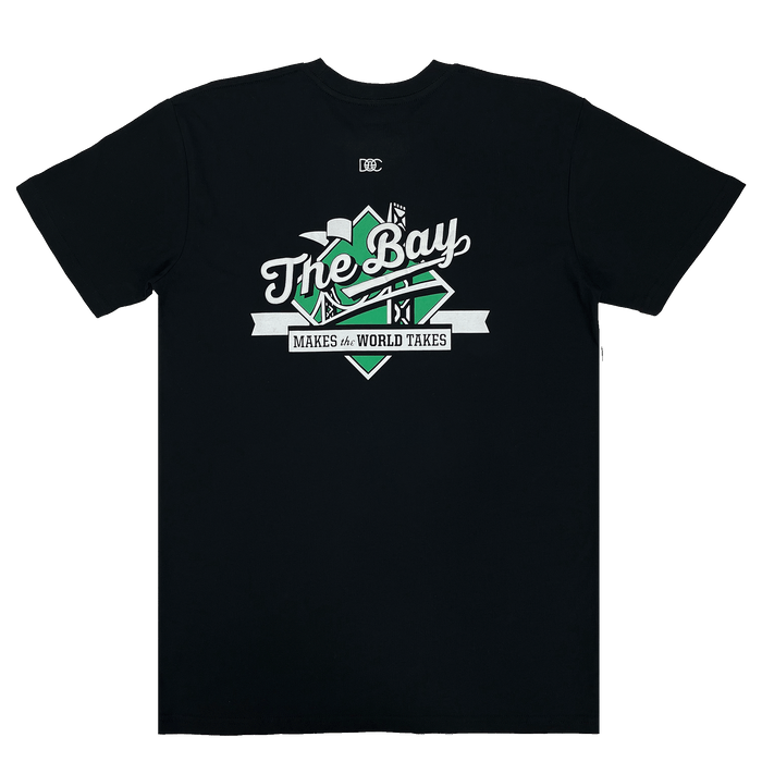 Introducing The Bay Tee by DOC from Other: a classic-fit black t-shirt featuring a bold back graphic—“The Bay Makes the World Takes” over a green diamond with white bridges and cranes, inspired by Bay Area culture. A small “DGC” logo is printed above. Part of The Bay Collection, this tee showcases standout design details in white, green, and black.