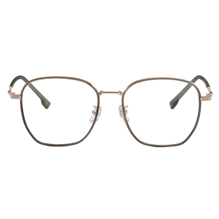 The EyeCandys Therese Oversized Square glasses feature a gold and green TR and metal frame, clear nose pads, and black-tipped temple arms for a lightweight style, shown against a white background.