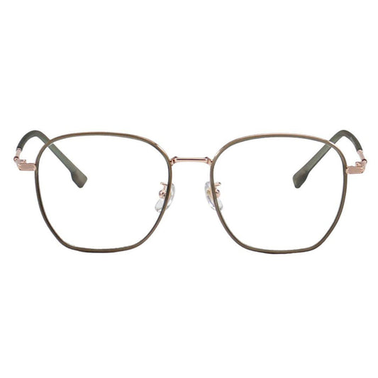 The EyeCandys Therese Oversized Square glasses feature a gold and green TR and metal frame, clear nose pads, and black-tipped temple arms for a lightweight style, shown against a white background.