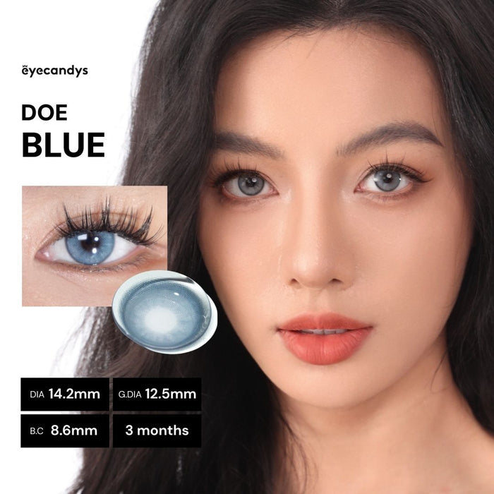 Close-up of model’s face wearing EyeCandys Doe Blue prescription colored contact lenses, natural makeup look, realistic blue eye enhancement