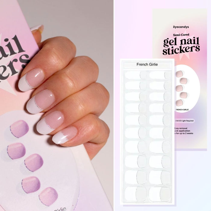 Hand showcasing EyeCandys French Girlie gel nail stickers, DIY nails with chic French manicure design, long-lasting nail art